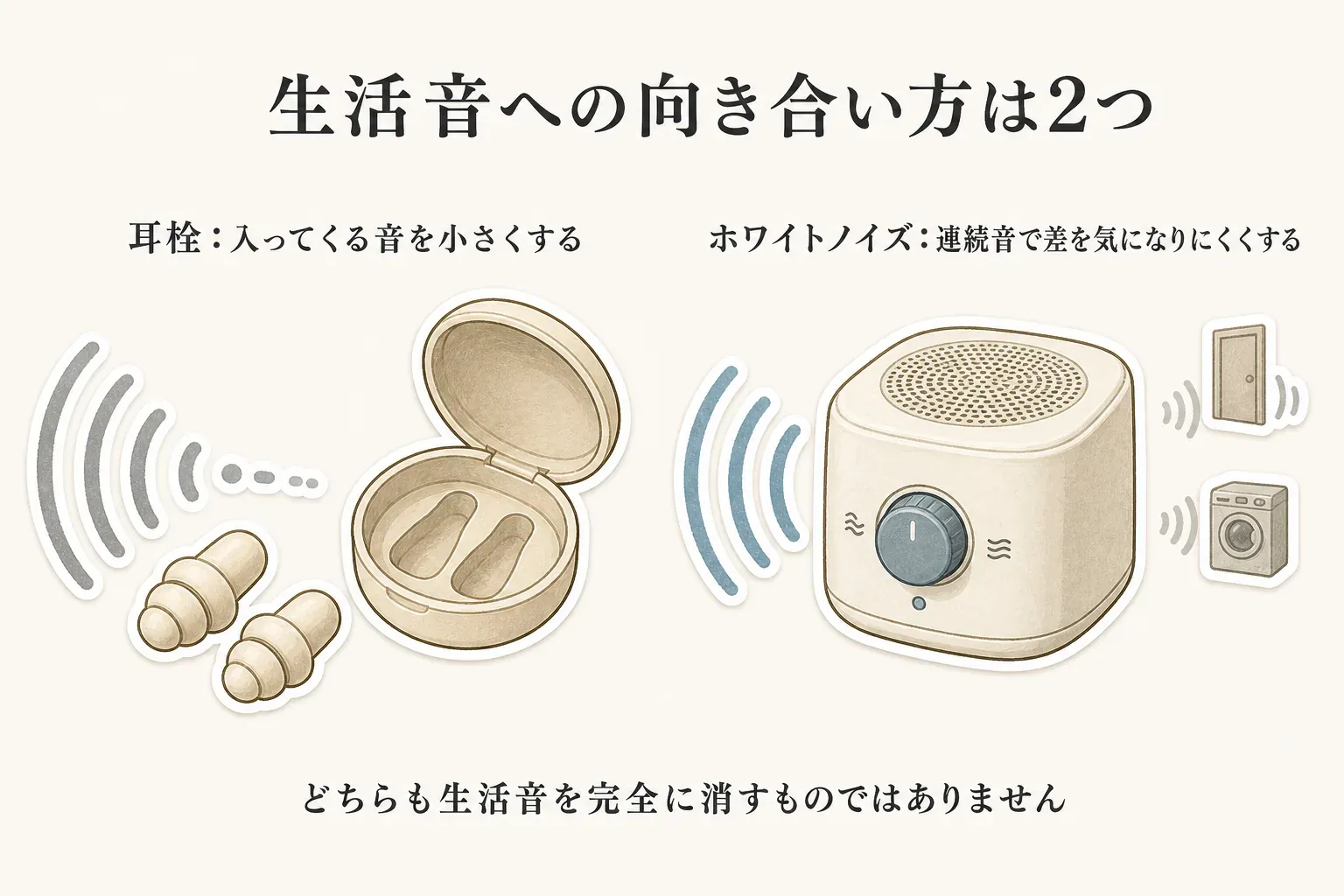 生活音への向き合い方を、耳栓は入ってくる音を小さくする方法、ホワイトノイズは連続音を流して生活音との差を気になりにくくする方法として対比し、どちらも生活音を完全に消すものではないと示す図