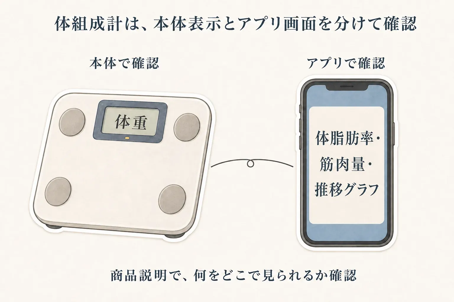 体組成計の本体では体重を確認し、スマートフォンのアプリでは体脂肪率・筋肉量・推移グラフを確認する流れを示し、商品説明で何をどこで見られるか確認するよう促す図
