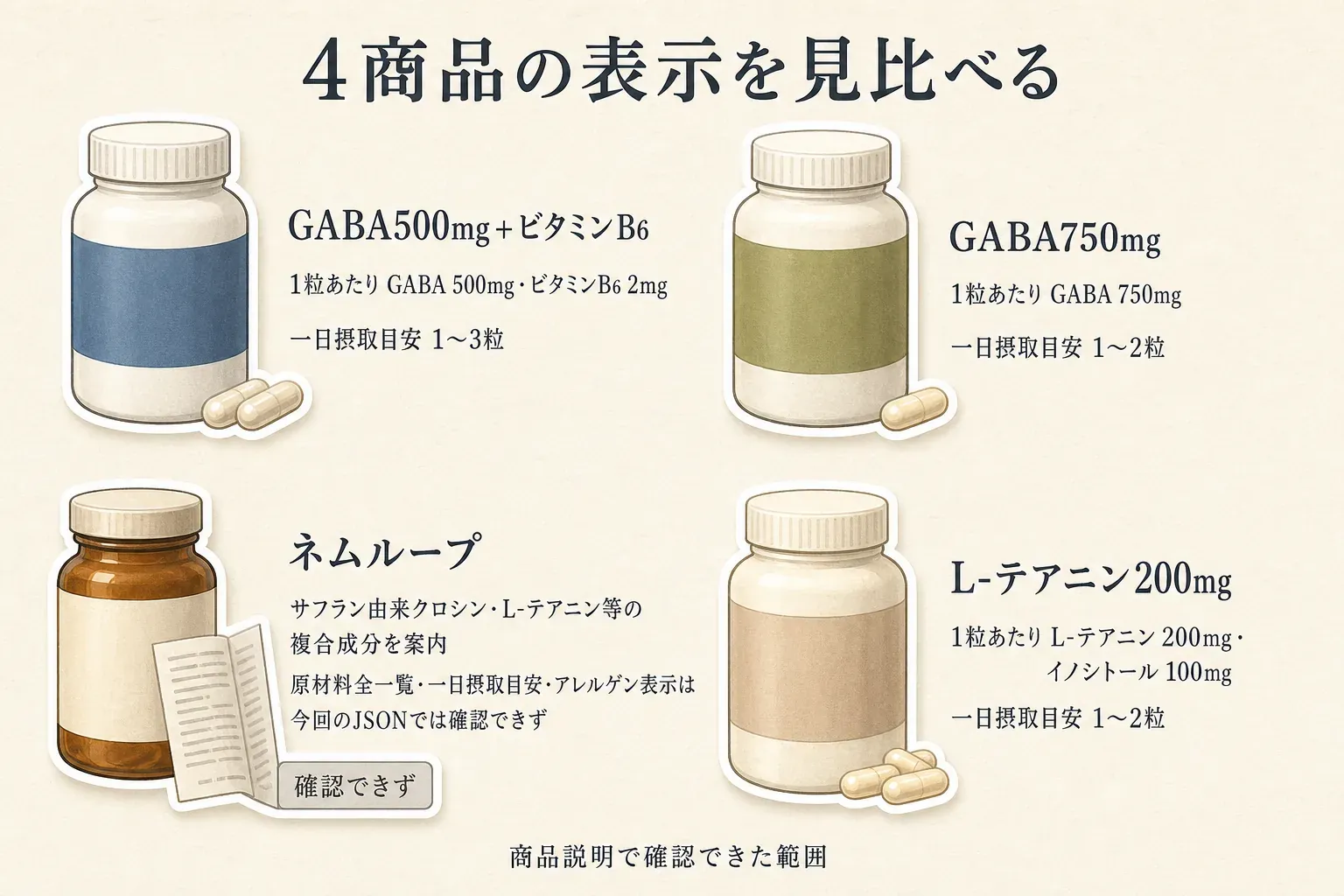 4商品の表示を商品説明で確認できた範囲で比べた図。GABA500mg＋ビタミンB6は1粒あたりGABA500mg・ビタミンB6 2mgで一日1〜3粒、GABA750mgは1粒あたりGABA750mgで一日1〜2粒、ネムループはサフラン由来クロシン・L-テアニン等の複合成分を案内するが原材料全一覧・一日摂取目安・アレルゲン表示は今回のJSONで確認できず、L-テアニン200mgは1粒あたりL-テアニン200mg・イノシトール100mgで一日1〜2粒と示す
