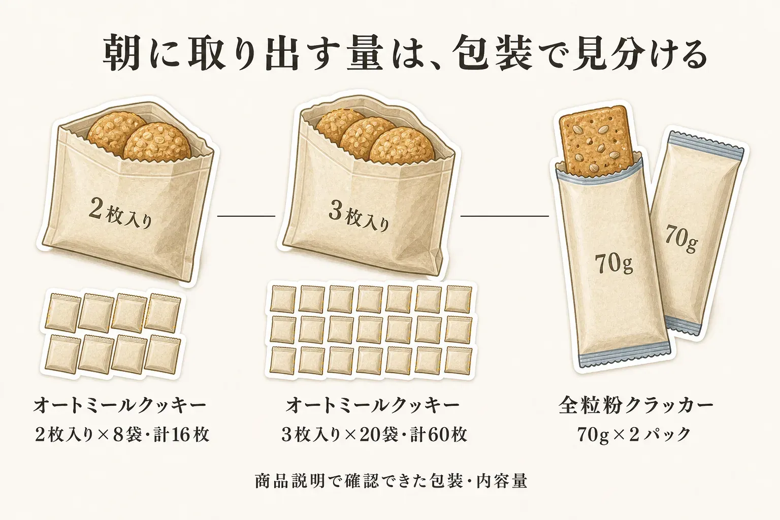 朝に取り出す量を包装で見分ける図。オートミールクッキーは2枚入り×8袋で計16枚、3枚入り×20袋で計60枚、全粒粉クラッカーは70g×2パックとして示している。商品説明で確認できた包装・内容量