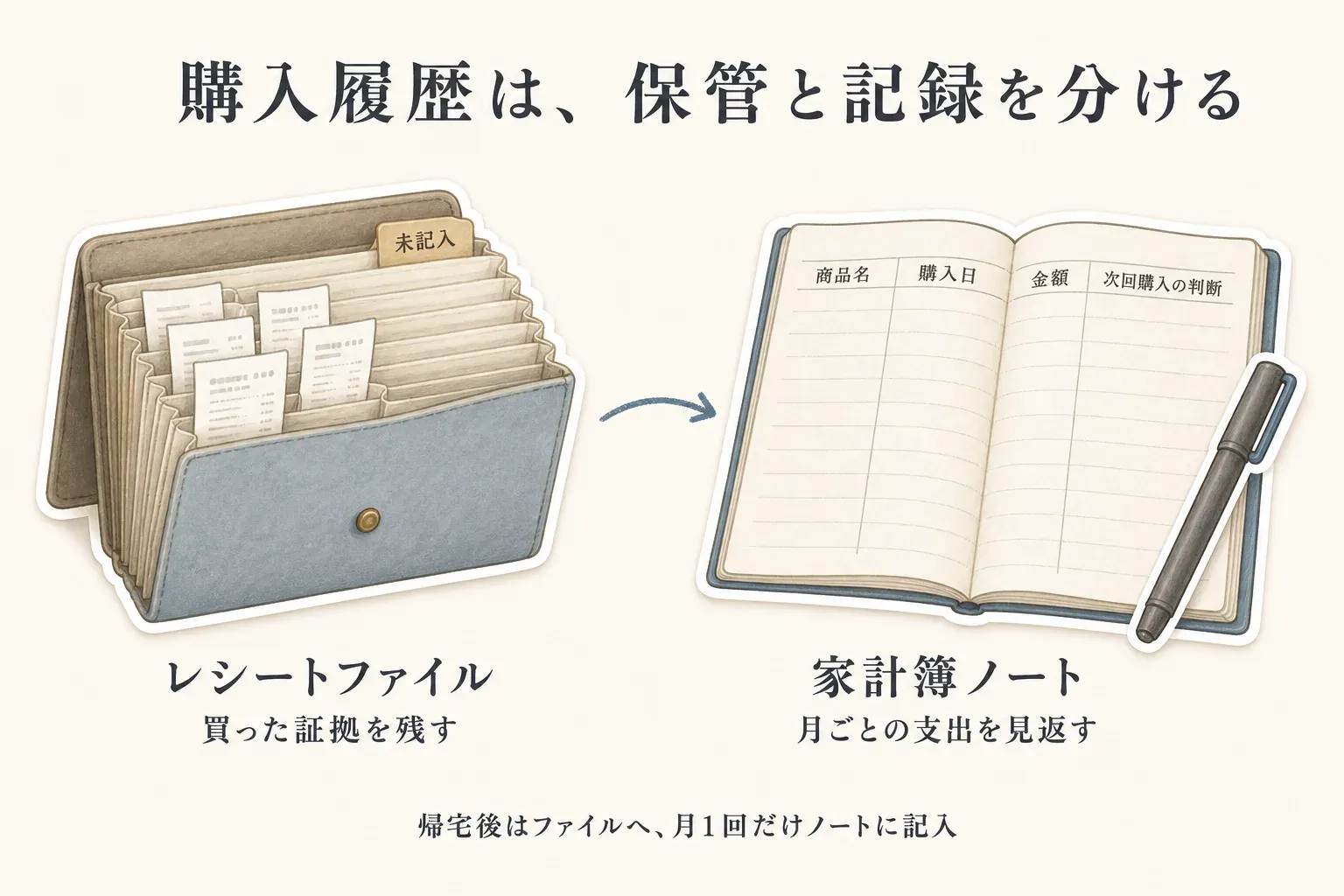 レシートファイルは購入日・販売元・継続期間を確認するためのレシートを保管し、家計簿ノートは月ごとの支出と来年の購入判断を記録する役割を示す図