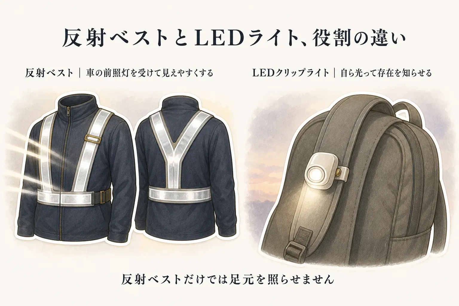 反射ベストは車の前照灯を受けて見えやすくする用品、LEDクリップライトは自ら光って存在を知らせる用品として、反射ベストの前後とバッグに付けた点灯中のライトを対比した図。反射ベストだけでは足元を照らせないことも示す