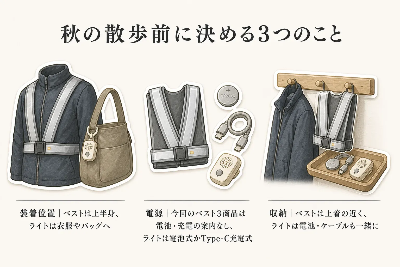 秋の散歩前に決める3点として、反射ベストは上半身、ライトは衣服やバッグに付ける装着位置、ベストは電池・充電不要でライトは電池式またはType-C充電式という電源、ベストは上着の近く・ライトは電池やケーブルと一緒に置く収納方法を示す図