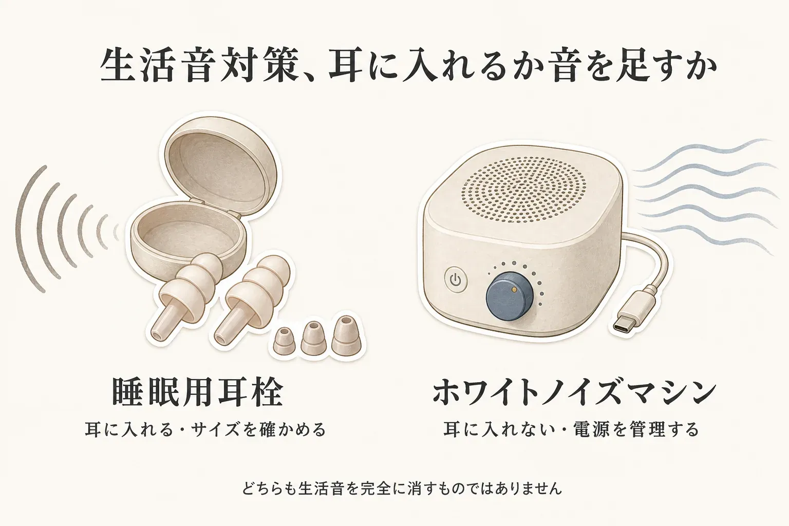 生活音対策として睡眠用耳栓は耳に入れてサイズを確かめること、ホワイトノイズマシンは耳に入れず電源を管理することを対比し、どちらも生活音を完全に消すものではないと示す図