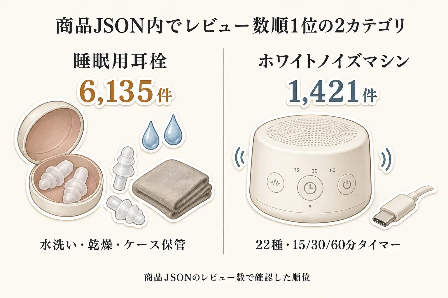 商品JSON内でレビュー数順1位の2カテゴリを示す図。睡眠用耳栓は6,135件で水洗い・乾燥・ケース保管、ホワイトノイズマシンは1,421件で22種の音と15・30・60分タイマーを確認できる