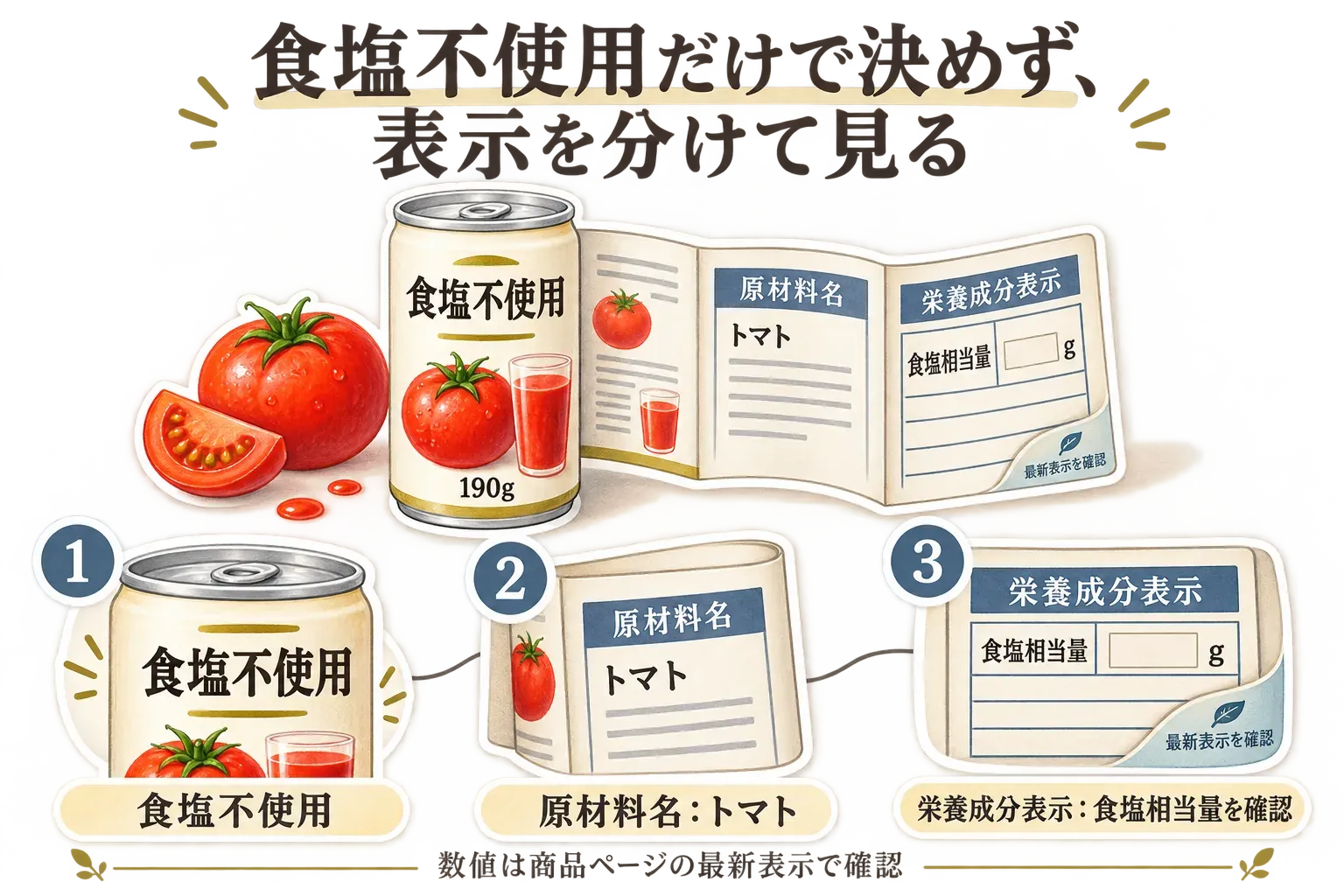 食塩不使用の190gトマトジュースを選ぶ際に、1は食塩不使用の表示、2は原材料名のトマト、3は栄養成分表示の食塩相当量を順に確認し、数値は商品ページの最新表示で確認することを示す図