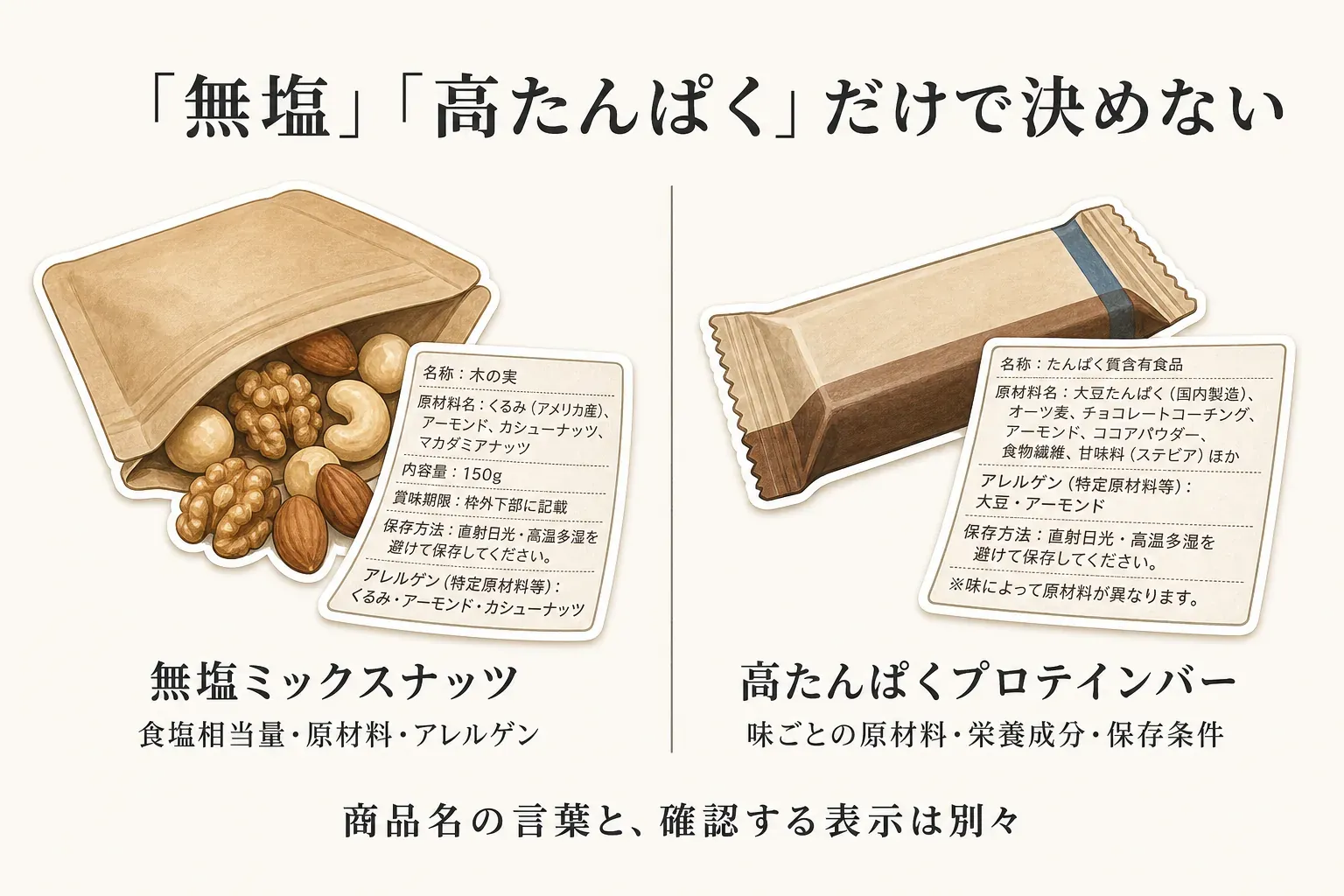 無塩ミックスナッツと高たんぱくプロテインバーの表示を並べ、ナッツでは食塩相当量・原材料・アレルゲン、プロテインバーでは味ごとの原材料・栄養成分・保存条件を確認し、商品名の言葉と確認する表示は別々であることを示す図