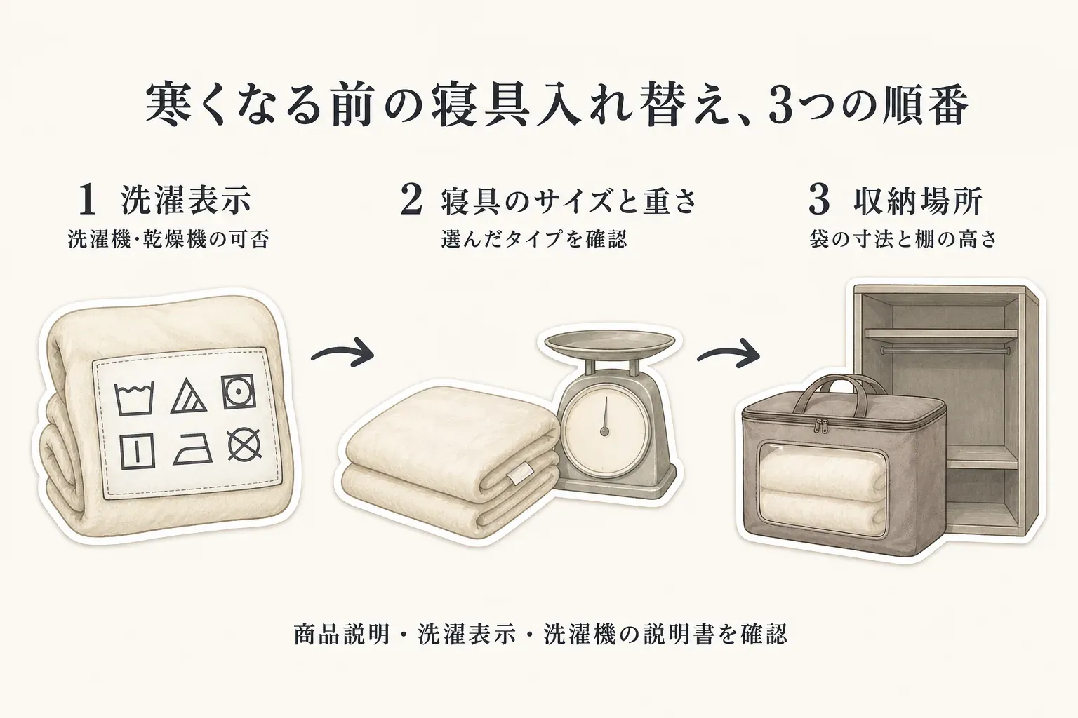 寒くなる前の寝具入れ替えで確認する3つの順番を示す図。1は洗濯表示で洗濯機・乾燥機の可否を確認、2は寝具のサイズと重さで選んだタイプを確認、3は収納場所で袋の寸法と棚の高さを確認し、商品説明・洗濯表示・洗濯機の説明書を確認する流れ