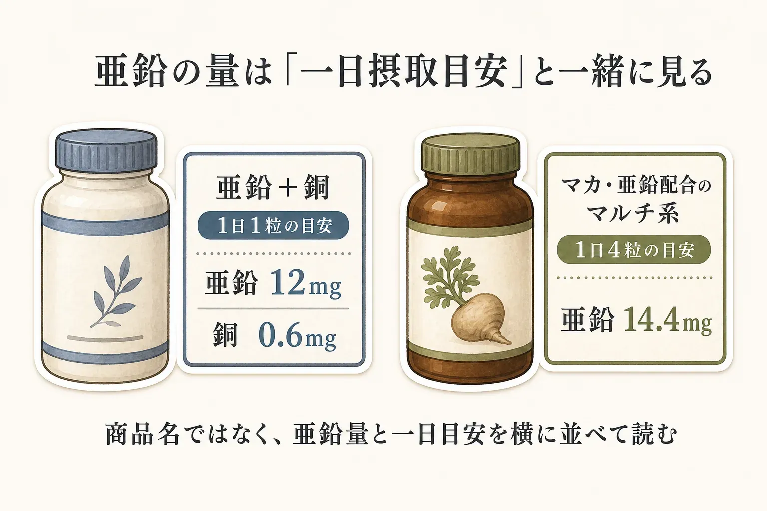 亜鉛量は一日摂取目安と一緒に確認する図。亜鉛・銅配合の商品は1日1粒で亜鉛12mg・銅0.6mg、マカ・亜鉛配合のマルチ系は1日4粒で亜鉛14.4mgの表示を並べ、商品名ではなく亜鉛量と一日摂取目安を横に並べて読むことを示す