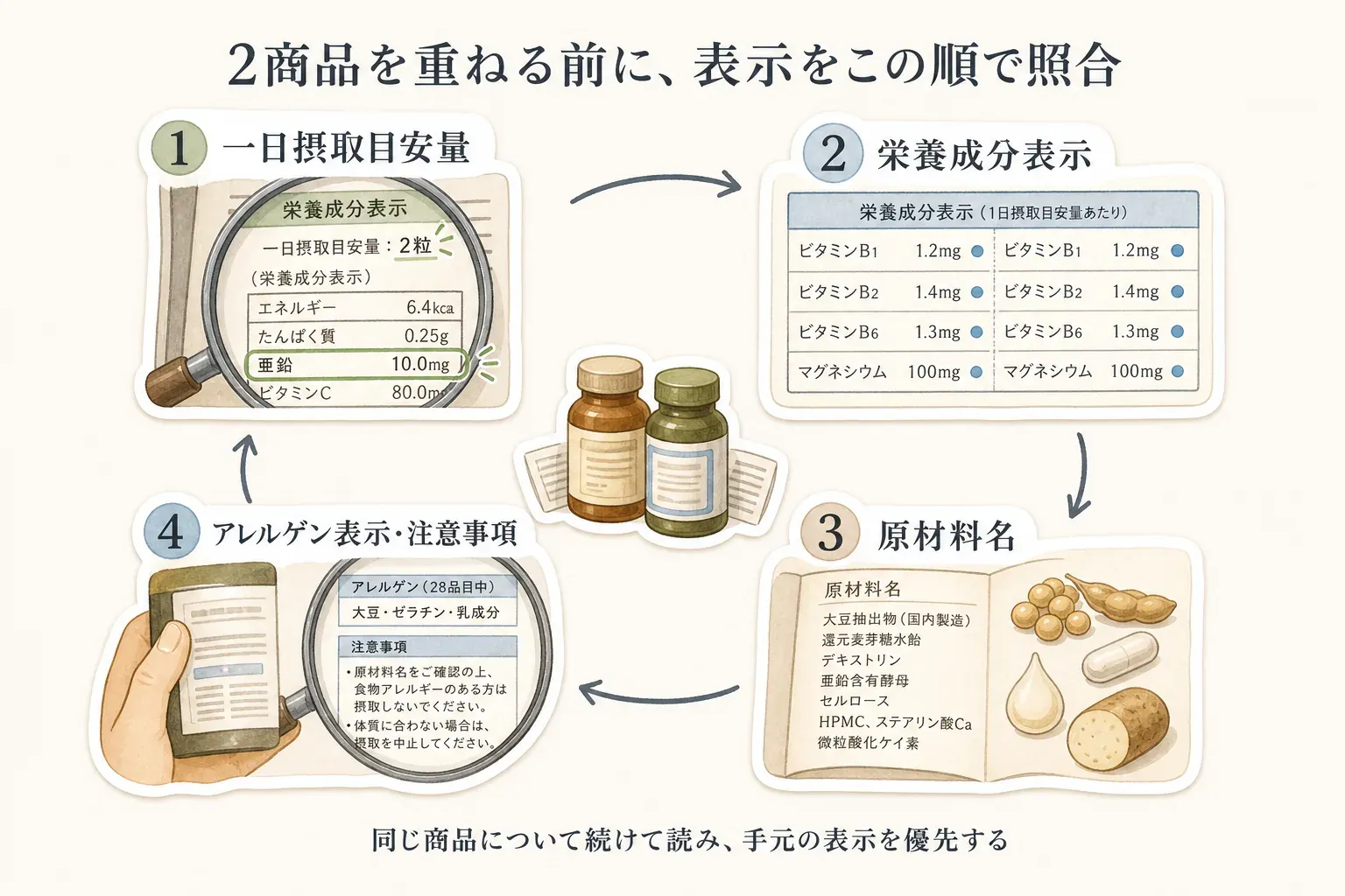 2商品を重ねる前に表示を照合する順番を示す図。1は一日摂取目安量、2は一日摂取目安量当たりの栄養成分表示、3は原材料名、4はアレルゲン表示・注意事項の順に、同じ商品について続けて読み、手元の表示を優先することを示す